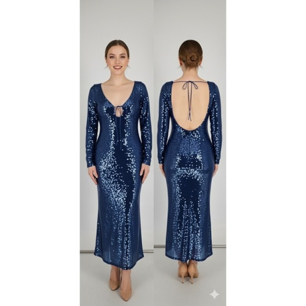 Bardot‎ Sequin Maxi Dress Womens US 10 Blue Deep V Neck Open Back 58859DB